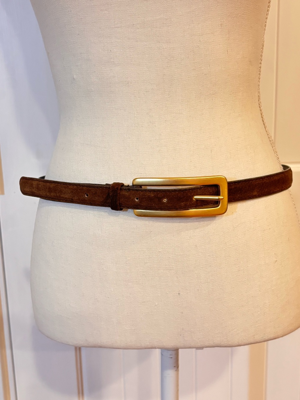 Vintage Brown Suede Genuine Leather Belt M Gold Buckle 90s Minimalist